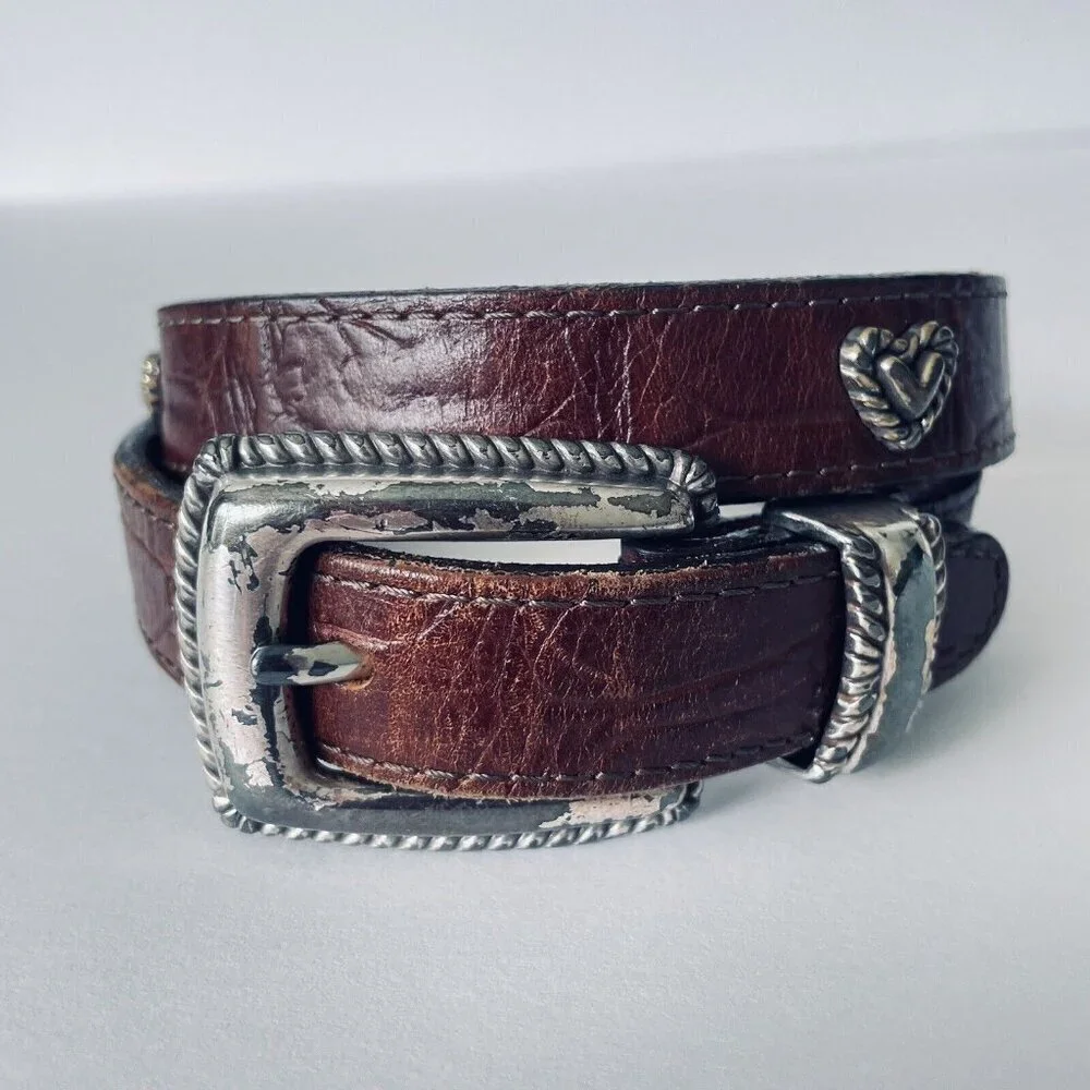 Brighton Kids Brown Leather Belt 27 Inches Silver Toned Buckle and Heart Conchos